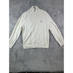 Nautica Men's Large White Pullover Fleece Jacket 1/4 Zip Closure Blue Logo